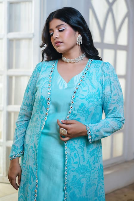 Buy Megha Pitti Blue Georgette, Bamboo Mirrors, Beads Open Neck, Floral Print Jacket Kurta Set Online at Aza Fashions Buy_Megha Pitti_Blue Georgette, Bamboo Mirrors, Beads Open Neck, Floral Print Jacket Kurta Set _Online_at_Aza_Fashions