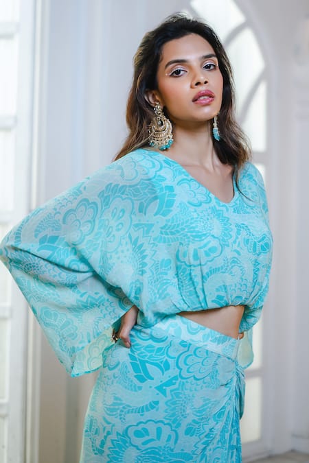 Shop_Megha Pitti_Blue Georgette V-neck Floral Print Draped Top With Skirt _at_Aza_Fashions