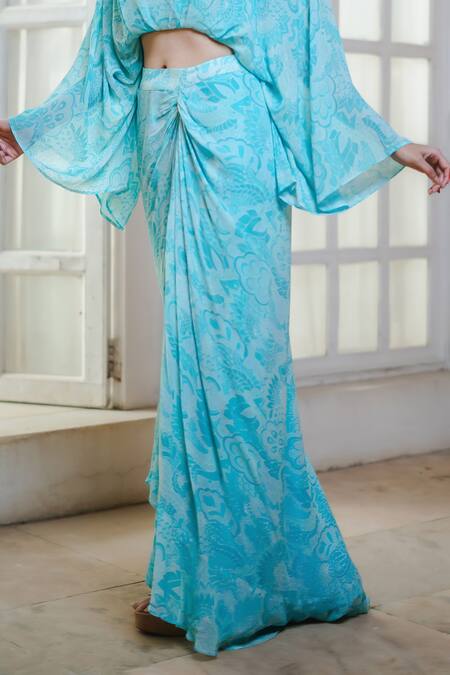 Megha Pitti_Blue Georgette V-neck Floral Print Draped Top With Skirt _Online_at_Aza_Fashions
