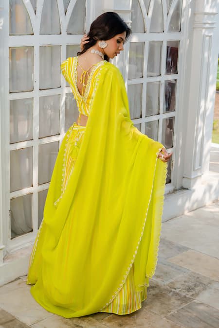 Shop Megha Pitti Green Bamboo Beads, Mirrors V-neck Stripe Print Lehenga Set at Aza Fashions Shop_Megha Pitti_Green Bamboo Beads, Mirrors V-neck Stripe Print Lehenga Set _at_Aza_Fashions