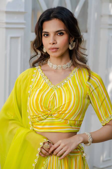 Megha Pitti Green Bamboo Beads, Mirrors V-neck Stripe Print Lehenga Set Online at Aza Fashions Megha Pitti_Green Bamboo Beads, Mirrors V-neck Stripe Print Lehenga Set _Online_at_Aza_Fashions