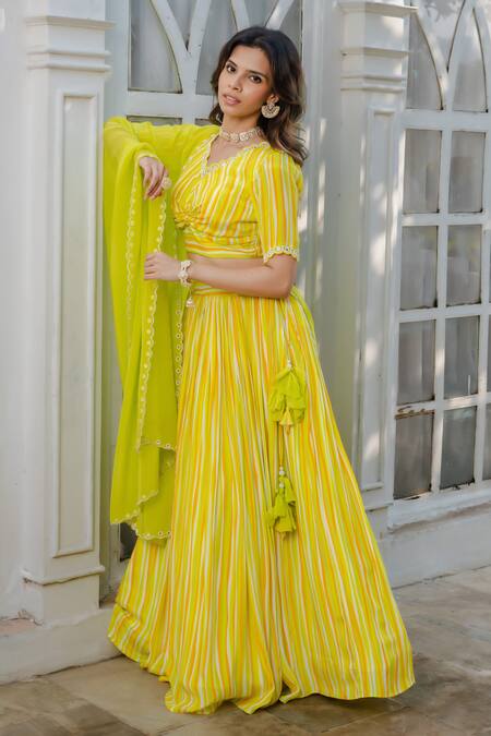 Buy Megha Pitti Green Bamboo Beads, Mirrors V-neck Stripe Print Lehenga Set Online at Aza Fashions Buy_Megha Pitti_Green Bamboo Beads, Mirrors V-neck Stripe Print Lehenga Set _Online_at_Aza_Fashions