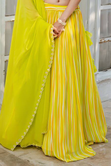 Shop Megha Pitti Green Bamboo Beads, Mirrors V-neck Stripe Print Lehenga Set Online at Aza Fashions Shop_Megha Pitti_Green Bamboo Beads, Mirrors V-neck Stripe Print Lehenga Set _Online_at_Aza_Fashions