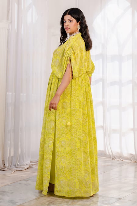 Shop Megha Pitti Green Beads, Mirrors V-neck Abstract Floral Print Kaftan With Palazzo at Aza Fashions Shop_Megha Pitti_Green Beads, Mirrors V-neck Abstract Floral Print Kaftan With Palazzo _at_Aza_Fashions