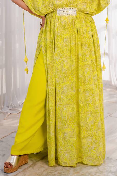 Buy Megha Pitti Green Beads, Mirrors V-neck Abstract Floral Print Kaftan With Palazzo Online at Aza Fashions Buy_Megha Pitti_Green Beads, Mirrors V-neck Abstract Floral Print Kaftan With Palazzo _Online_at_Aza_Fashions