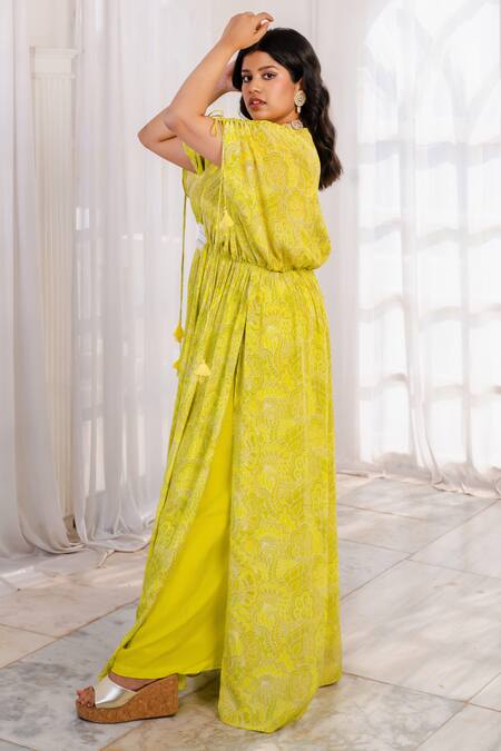 Shop Megha Pitti Green Beads, Mirrors V-neck Abstract Floral Print Kaftan With Palazzo Online at Aza Fashions Shop_Megha Pitti_Green Beads, Mirrors V-neck Abstract Floral Print Kaftan With Palazzo _Online_at_Aza_Fashions