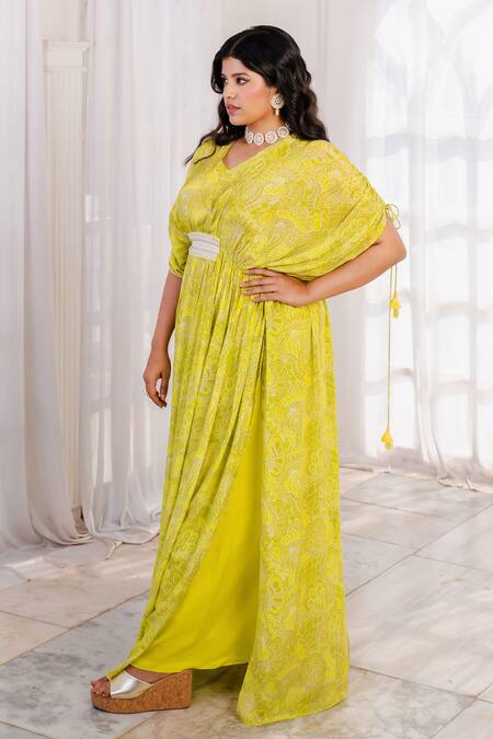 Megha Pitti Green Beads, Mirrors V-neck Abstract Floral Print Kaftan With Palazzo at Aza Fashions Megha Pitti_Green Beads, Mirrors V-neck Abstract Floral Print Kaftan With Palazzo _at_Aza_Fashions