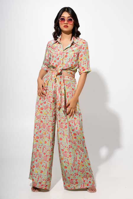 Megha Pitti Blossom Print Front Tie Shirt With Pant 