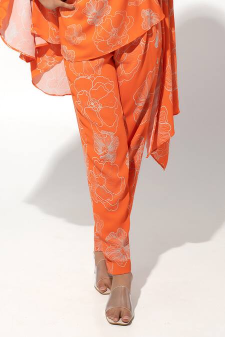 Megha Pitti Orange Georgette Sequins, Beads One Floral Print Asymmetric Tunic And Pant Set Online at Aza Fashions Megha Pitti_Orange Georgette Sequins, Beads One Floral Print Asymmetric Tunic And Pant Set _Online_at_Aza_Fashions