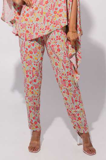 Megha Pitti_Green Georgette Sequins, Beads One Shoulder Printed Asymmetric Tunic With Pant_Online_at_Aza_Fashions