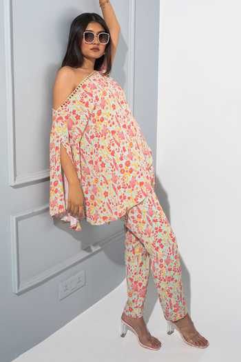 Buy_Megha Pitti_Green Georgette Sequins, Beads One Shoulder Printed Asymmetric Tunic With Pant_Online_at_Aza_Fashions