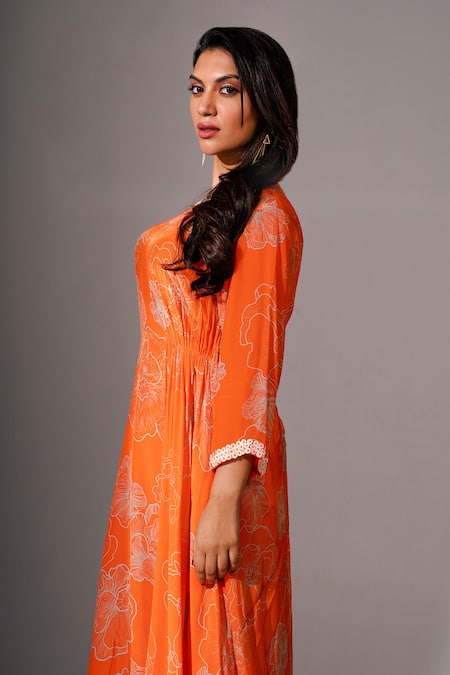Megha Pitti_Orange Sequins, Beads Round Neck Asymmetric Floral Print Dress _Online_at_Aza_Fashions