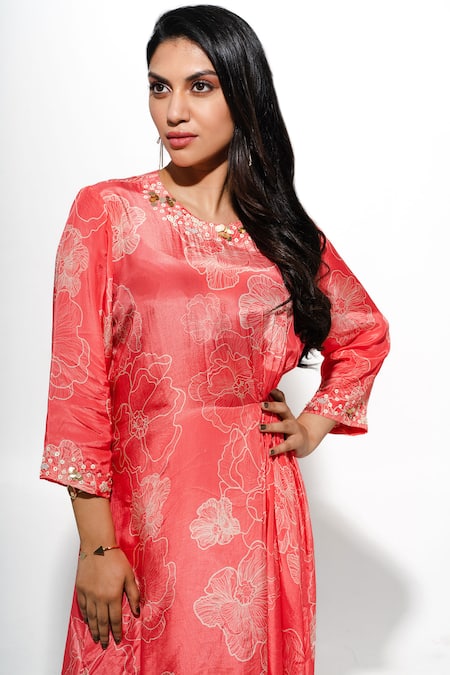 Megha Pitti_Coral Sequins, Beads Round Neck Print Asymmetric Dress _Online_at_Aza_Fashions