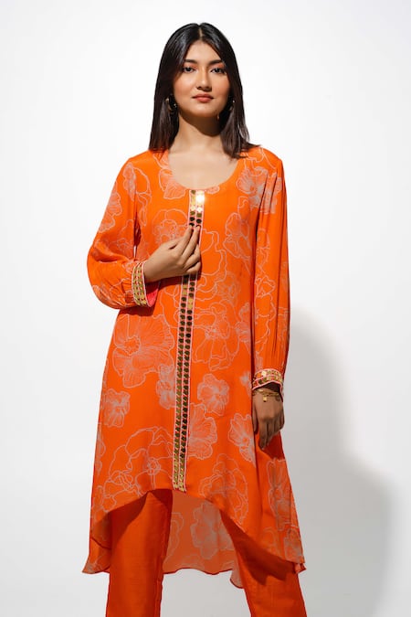Shop Megha Pitti Orange Bamboo Sequins, Beads Round Neck Floral Print High-low Kurta With Pant at Aza Fashions Shop_Megha Pitti_Orange Bamboo Sequins, Beads Round Neck Floral Print High-low Kurta With Pant _at_Aza_Fashions