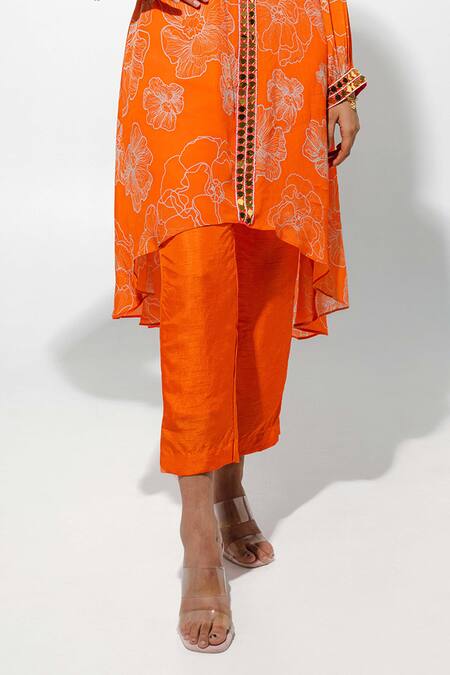Megha Pitti Orange Bamboo Sequins, Beads Round Neck Floral Print High-low Kurta With Pant Online at Aza Fashions Megha Pitti_Orange Bamboo Sequins, Beads Round Neck Floral Print High-low Kurta With Pant _Online_at_Aza_Fashions