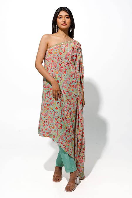 Megha Pitti Green Bemberg Crepe Printed Floral One Shoulder Tunic With Pant 