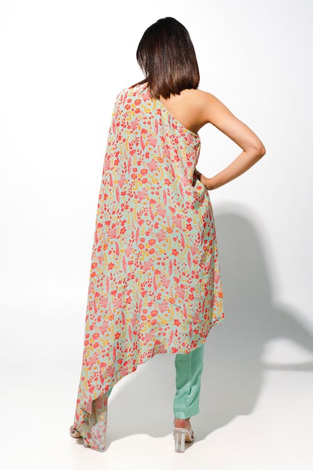 Megha Pitti Floral Print One Shoulder Tunic With Pant 