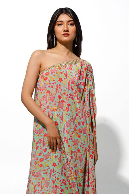 Megha Pitti_Green Bamboo, Silk Sequins, Beads One Shoulder Floral Print Tunic With Pant _Online_at_Aza_Fashions