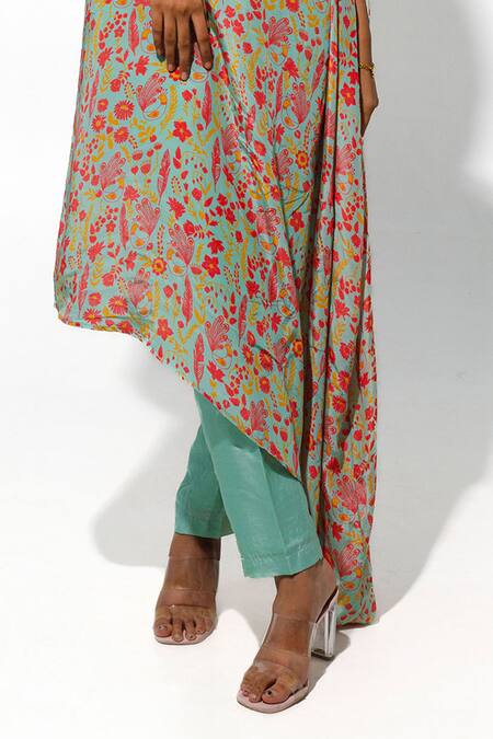 Buy_Megha Pitti_Green Bamboo, Silk Sequins, Beads One Shoulder Floral Print Tunic With Pant _Online_at_Aza_Fashions
