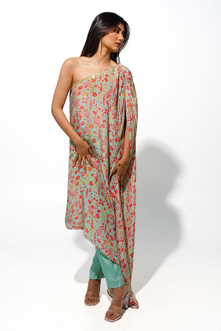 Shop_Megha Pitti_Green Bamboo, Silk Sequins, Beads One Shoulder Floral Print Tunic With Pant _Online_at_Aza_Fashions