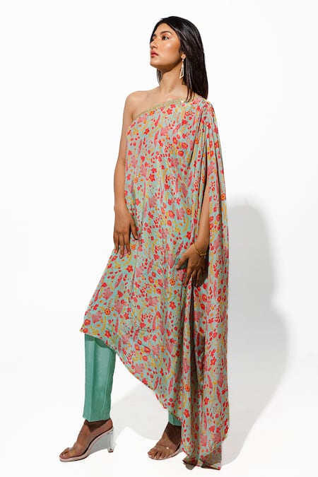 Megha Pitti_Green Bamboo, Silk Sequins, Beads One Shoulder Floral Print Tunic With Pant _at_Aza_Fashions