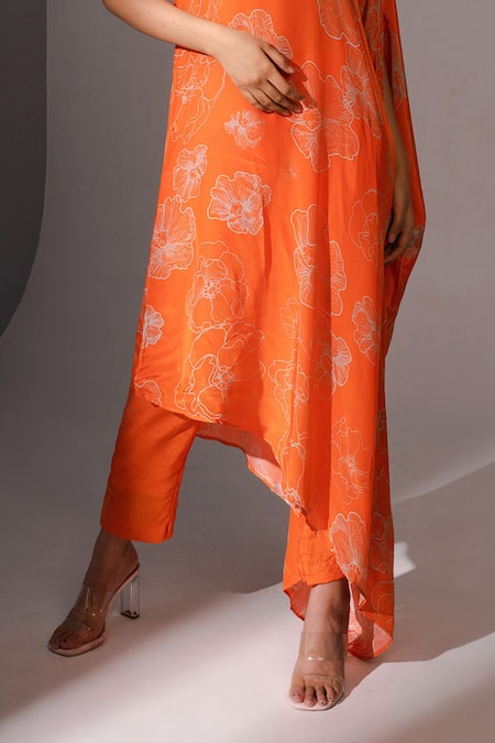 Megha Pitti_Orange Asymmetric Flower Print Tunic With Pant _Online_at_Aza_Fashions