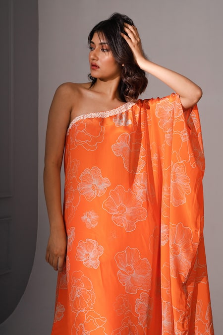 Buy_Megha Pitti_Orange Asymmetric Flower Print Tunic With Pant _Online_at_Aza_Fashions