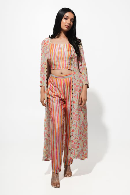 Megha Pitti Green Crepe And Silk Print Stripe Jacket Open Floral Pant Set 