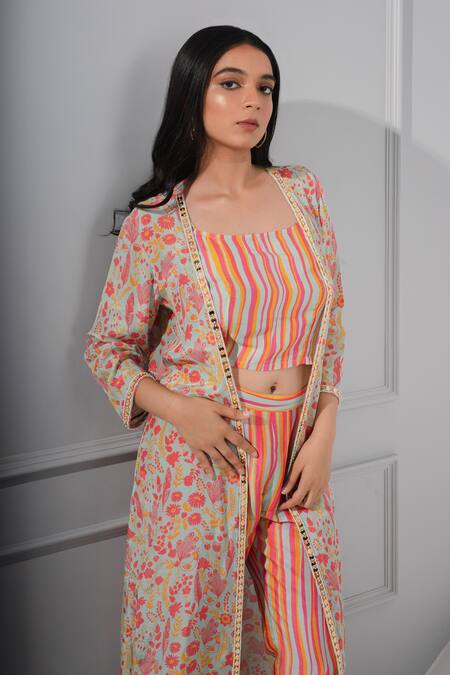 Buy_Megha Pitti_Green Bamboo, Silk, Brocade Open , Round Floral Print Jacket Pant Set _Online_at_Aza_Fashions