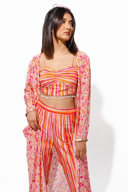 Shop Megha Pitti Orange Bamboo Open , Scoop Floral Bloom Print Jacket Pant Set at Aza Fashions Shop_Megha Pitti_Orange Bamboo Open , Scoop Floral Bloom Print Jacket Pant Set _at_Aza_Fashions