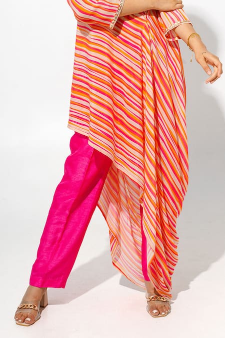 Megha Pitti_Orange Bamboo, Silk Round Neck Stripe Print Tunic With Pant _Online_at_Aza_Fashions