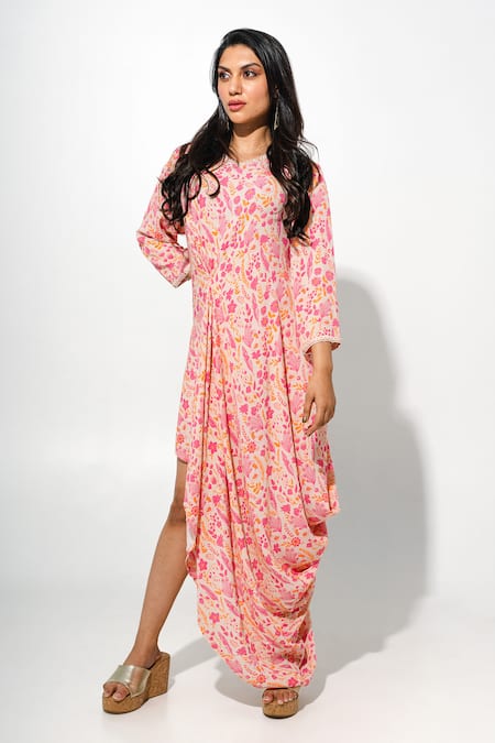 Megha Pitti Floral Print Cowl Hem Dress 