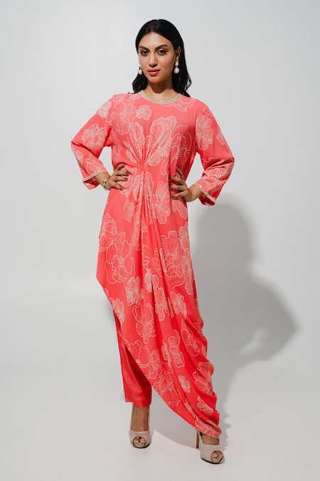 Megha Pitti Floral Print Cowl Draped Tunic With Pant 