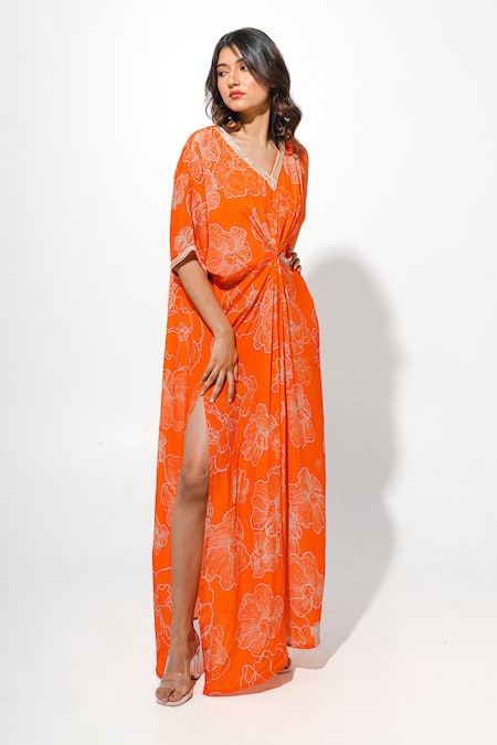 Megha Pitti_Orange Embroidery V-neck Floral Bloom Print Long Kaftan _Online_at_Aza_Fashions