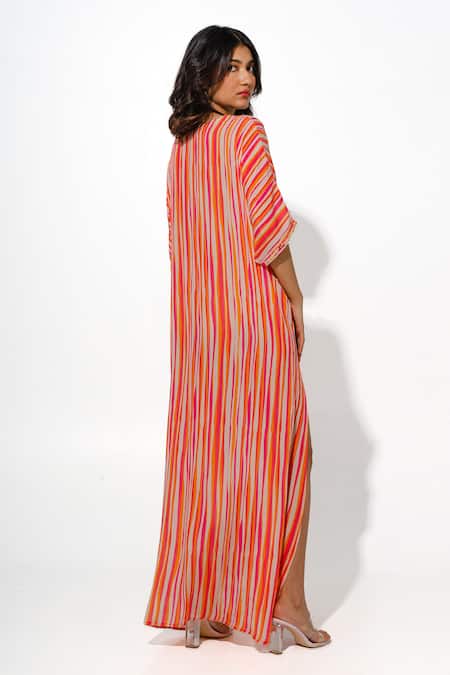 Shop_Megha Pitti_Orange Embroidery V-neck Stripe Print Long Kaftan _at_Aza_Fashions
