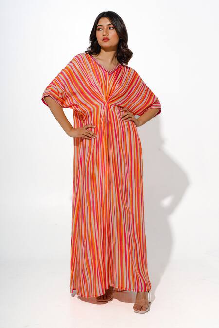 Megha Pitti_Orange Embroidery V-neck Stripe Print Long Kaftan _Online_at_Aza_Fashions