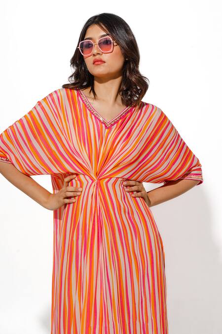 Buy_Megha Pitti_Orange Embroidery V-neck Stripe Print Long Kaftan _Online_at_Aza_Fashions