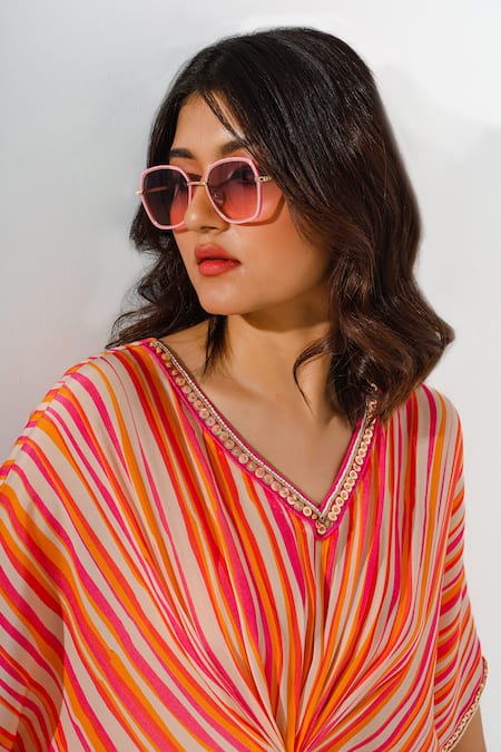 Shop_Megha Pitti_Orange Embroidery V-neck Stripe Print Long Kaftan _Online_at_Aza_Fashions
