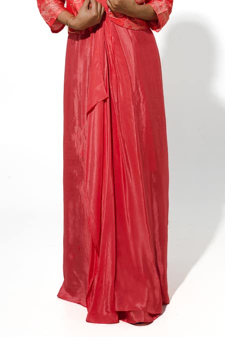 Megha Pitti Peach Silk Embroidery Round Neck, Collared Long Dress With Floral Print Jacket Online at Aza Fashions Megha Pitti_Peach Silk Embroidery Round Neck, Collared Long Dress With Floral Print Jacket _Online_at_Aza_Fashions