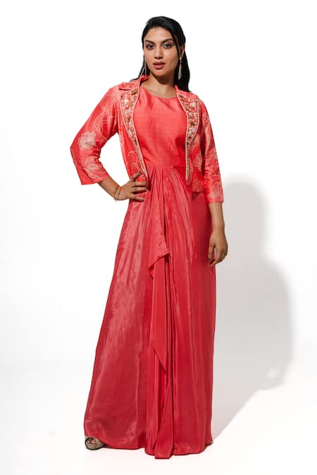 Buy Megha Pitti Peach Silk Embroidery Round Neck, Collared Long Dress With Floral Print Jacket Online at Aza Fashions Buy_Megha Pitti_Peach Silk Embroidery Round Neck, Collared Long Dress With Floral Print Jacket _Online_at_Aza_Fashions