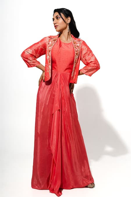 Shop Megha Pitti Peach Silk Embroidery Round Neck, Collared Long Dress With Floral Print Jacket Online at Aza Fashions Shop_Megha Pitti_Peach Silk Embroidery Round Neck, Collared Long Dress With Floral Print Jacket _Online_at_Aza_Fashions