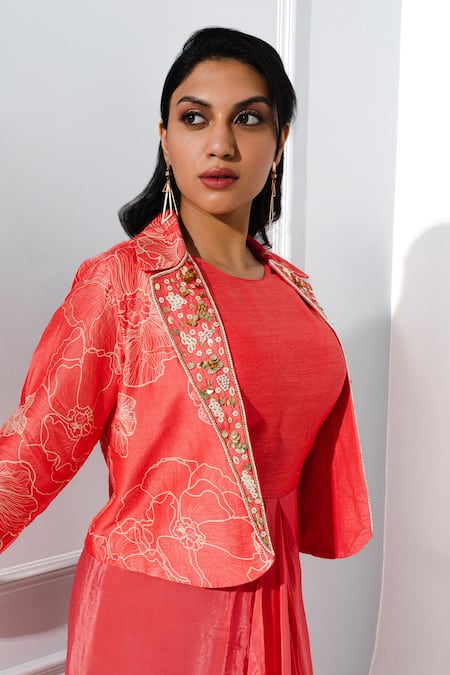 Buy Megha Pitti Peach Silk Embroidery Round Neck, Collared Long Dress With Floral Print Jacket Buy_Megha Pitti_Peach Silk Embroidery Round Neck, Collared Long Dress With Floral Print Jacket