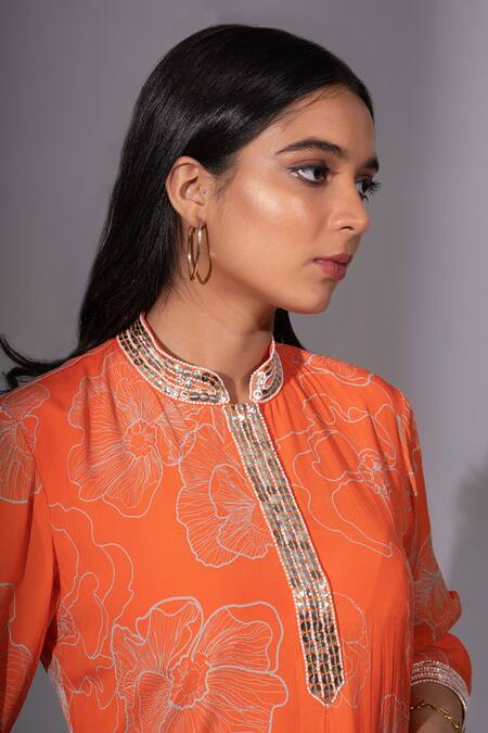 Megha Pitti_Orange Brocade Embroidery Collared Floral Print Straight Tunic With Pant _Online_at_Aza_Fashions