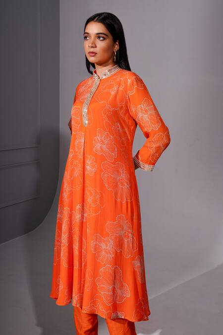 Buy_Megha Pitti_Orange Brocade Embroidery Collared Floral Print Straight Tunic With Pant _Online_at_Aza_Fashions
