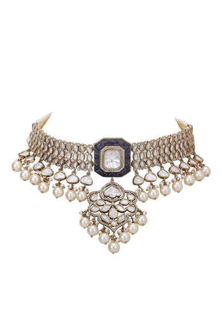 Buy_Auraa Trends_Green Beads, Diamonds Kundan Embellished Pendant Necklace Set_Online_at_Aza_Fashions