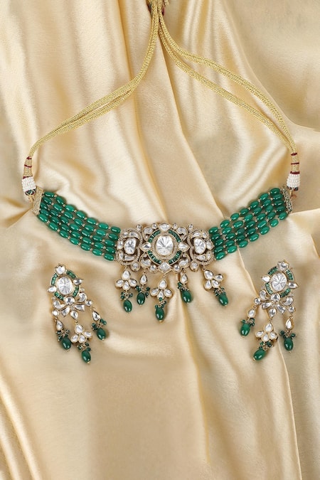Auraa Trends_Green Beads, Diamonds Kundan Embellished Pendant Choker Set _Online_at_Aza_Fashions