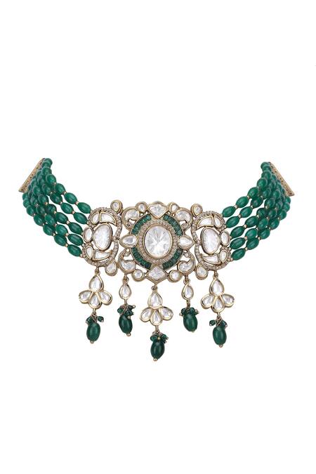 Auraa Trends_Green Beads, Diamonds Kundan Embellished Pendant Choker Set _at_Aza_Fashions