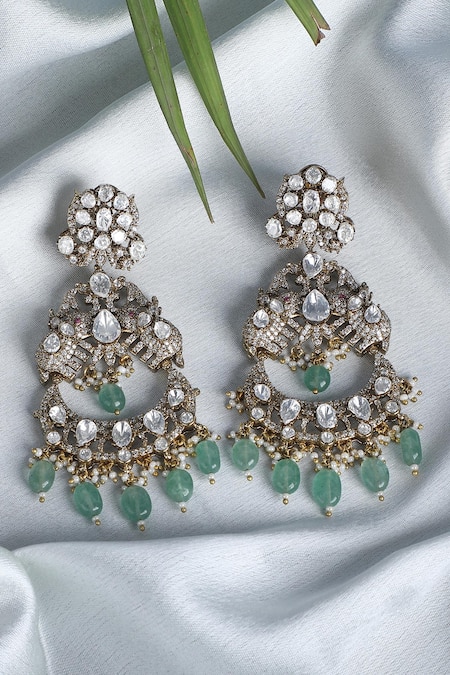 Auraa Trends_Green Crystals, Stones Kundan Embellished Chandbalis _Online_at_Aza_Fashions