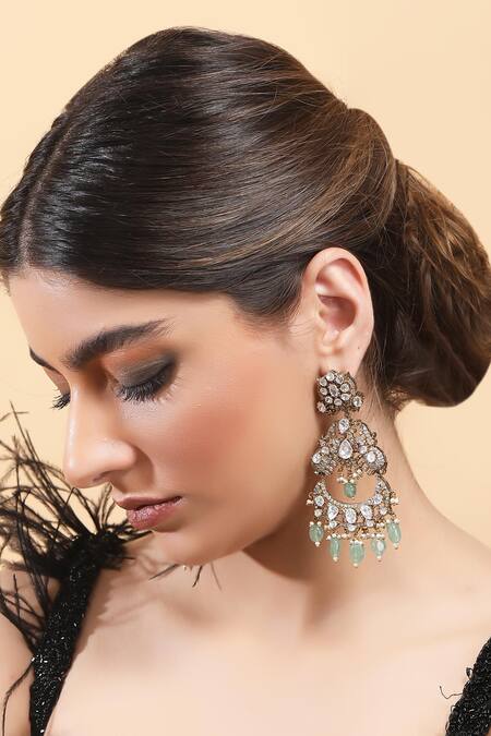 Buy_Auraa Trends_Green Crystals, Stones Kundan Embellished Chandbalis _Online_at_Aza_Fashions