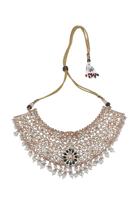 Buy_Auraa Trends_Green Stones, Zari Embellished Necklace Set _Online_at_Aza_Fashions